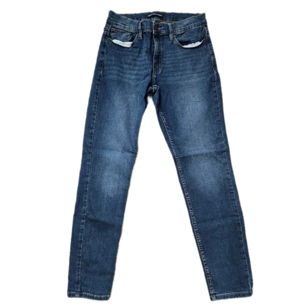 Calvin Klein Blue Mid Rise Skinny Jeans with Subtle Fading - Picture 4 of 7